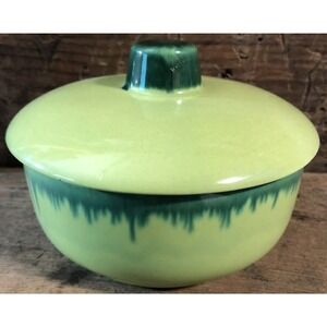 Bowl w/Lid Mid Century Green Covered with Two-toned Glaze Vintage Pottery